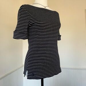 Lauren Ralph Lauren - Dark Navy Blue White Striped Half Sleeve Boatneck Top